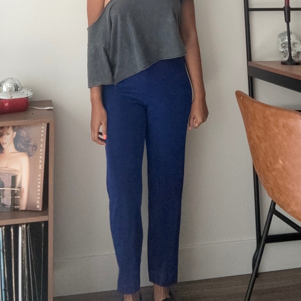 Vintage Royal Blue Slinky Knit High Waisted Straight Leg Pants Small Made in USA